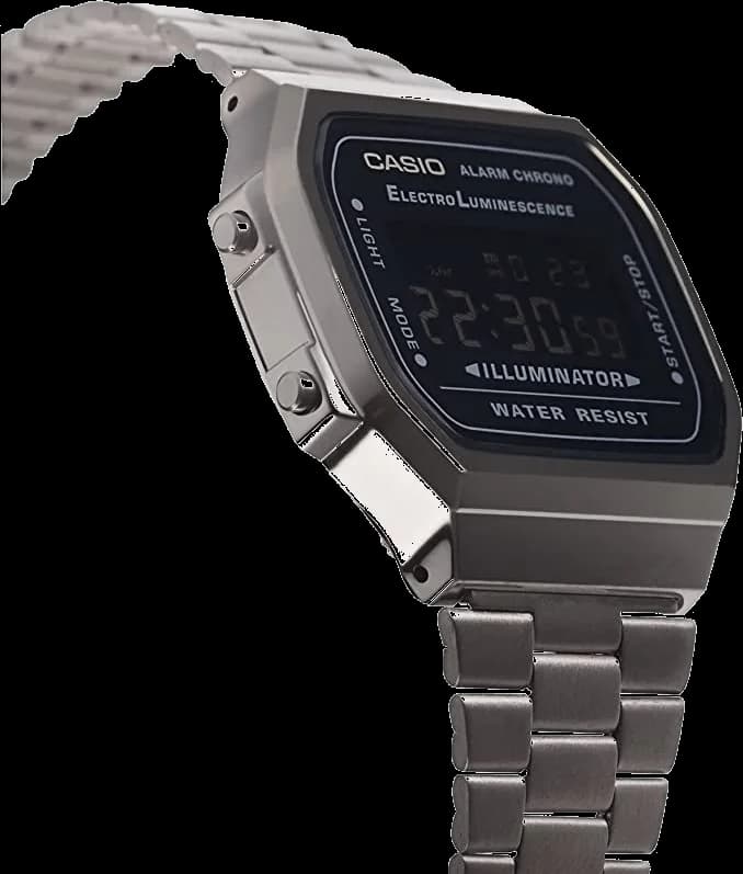 Casio A168WEGG-1BEF profil bracelet acier inoxydable noir fermoir clip