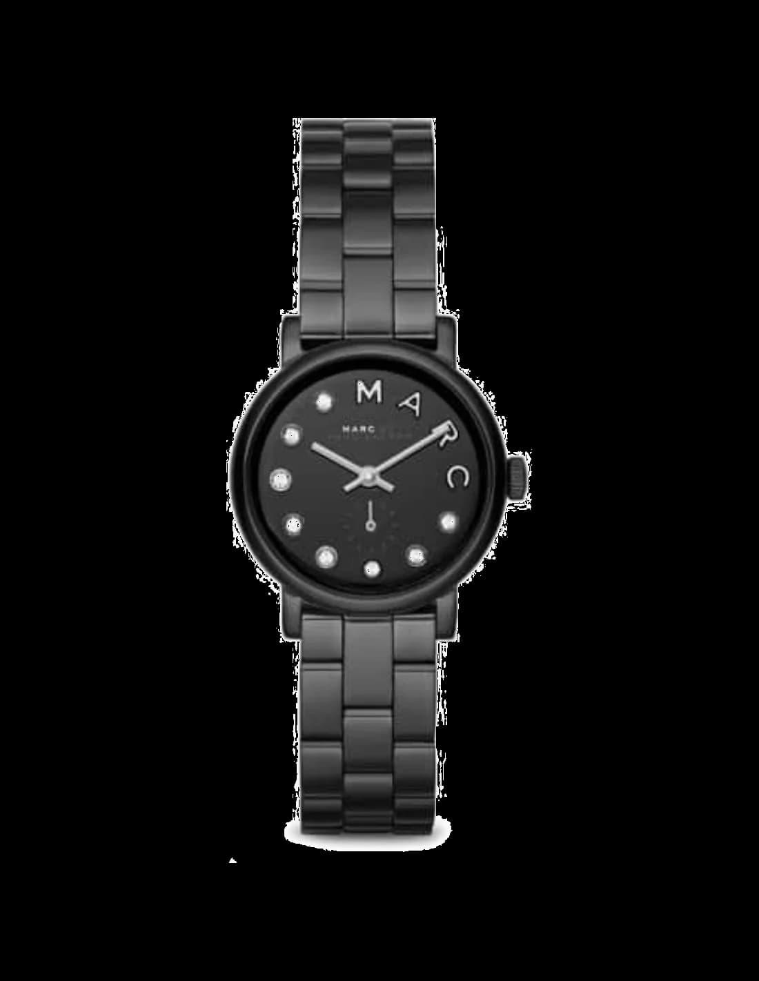 Montre Marc Jacobs MBM8673 cadran noir mat minimaliste, aiguilles argentées et index bâtons pour un style chic et épuré